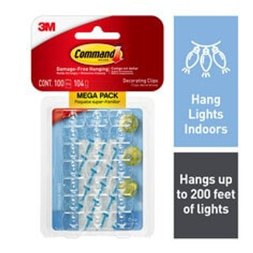 Command Clear Decorating Clips, Megapack 17026CLR-100ES,(100 clear decorating light clips, 104 mini clear strips)  Case of 24