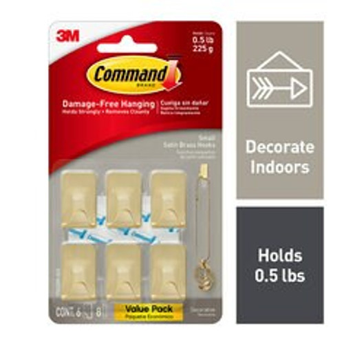 Command Small Metallic Hooks Brass Color 17032BR-6ES, (6 Hooks, 8 Strips)  Case of 24