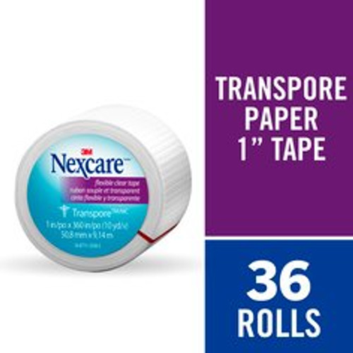 Nexcare Transpore Clear First Aid Tape, 527-P1, 1 in x 10 yds, Wrapped  Case of 36