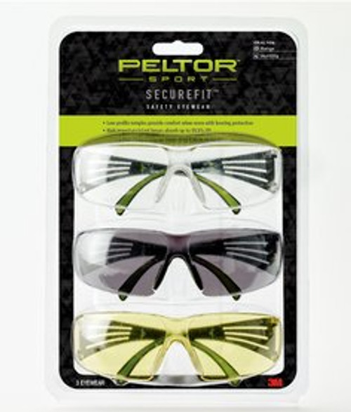 Peltor Sport SecureFit Safety Eyewear, SF400-P3PK-6, 3 Pack: Clear +
Amber + Gray Lenses, AF, 6pk/cs