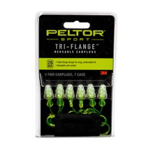 Peltor Sport Tri-Flange Corded Reusable Earplugs 97317-10C, 3 Pair Pack Neon Yellow