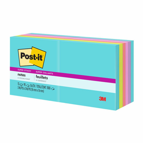 Post-it Super Sticky Notes 654-12SSMIA, 3 in x 3 in (76 mm x 76 mm), Supernova Neons, (12 Pads/Pack, 90 Sheets/Pad)  Case of 6 Packs