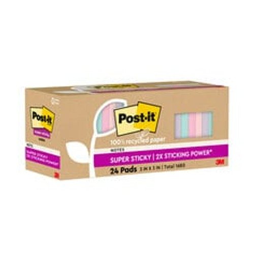 Post-it Super Sticky Recycled Notes 654R-24SSNRPCP, 3 in x 3 in (76 mm x 76 mm)  Case of 8