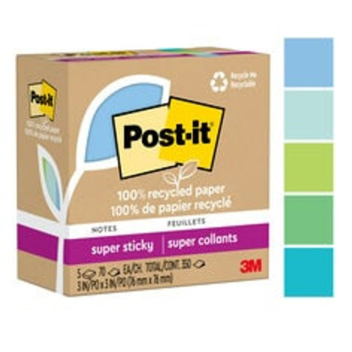 Post-it Super Sticky Recycled Notes 654R-5SST, 3 in x 3 in (76 mm x 76 mm)  Case of 24
