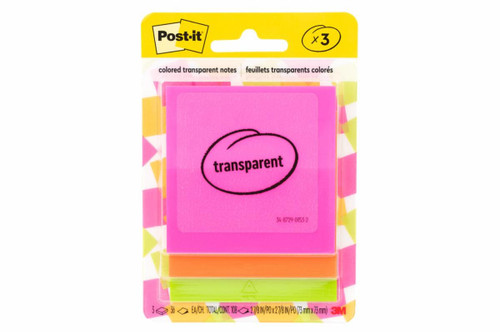 Post-it Transparent Notes 600-3COL, 2-7/8 in x 2-7/8 in (73 mm x 73 mm)  Case of 24