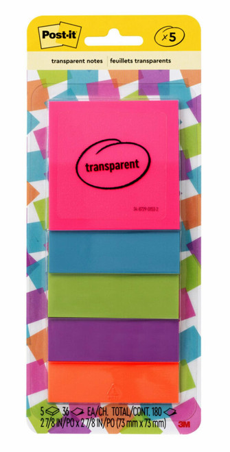 Post-it Transparent Notes 600-5COL, 2-7/8 in x 2-7/8 in (73 mm x 73 mm) 36 Sheet, 5 pack  Case of 24