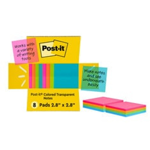 Post-it Transparent Notes 600-8COL-SIOC, 2-7/8 in x 2-7/8 in (73 mm x 73 mm)  Case of 20