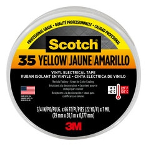 Scotch #35 Vinyl Electrical Tape, 10844-DL-5, 3/4 in x 66 ft x 0.007
in, Yellow, 5/case