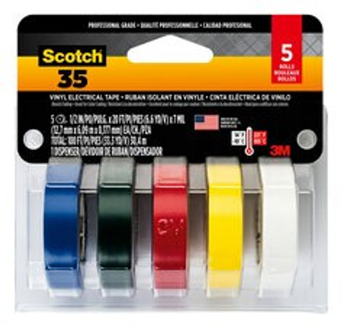 Scotch Electrical Tape, 10457DS, 0.5 in X 20 ft, 5/pk, Colored, 10
pks/cs