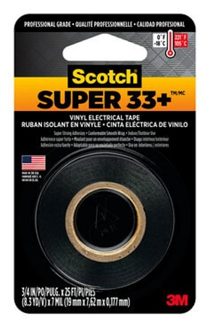 Scotch Super 33+ Vinyl Electrical Tape, 03744NA, 3/4 in x 25 ft x 7
mil (19 mm x 7,62 m x ,177 mm), 24/cs