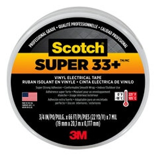 Scotch Super 33+ Vinyl Electrical Tape, 6132-BA-10, 3/4 in x 66 ft x
0.007 in (19 mm x 20,1 m x 0.177 mm), 10/case