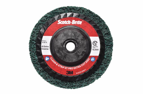 Scotch-Brite Clean and Strip XT Pro Extra Cut Disc, XC-DC, A/O Extra
Coarse, Green, 5 in x 5/8 in-11, Type 27, 10 ea/Case