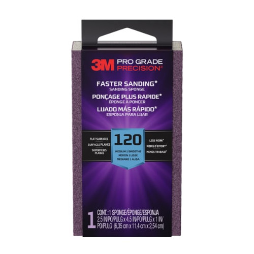3M™ Pro Grade Precision™ Faster Sanding Sanding Block Sponge FSB120-PGP-1T, 2.5 in x 4.5 in x 1 in, 120 grit, Medium, Case of 12