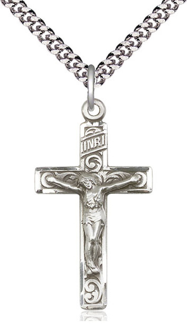 Engraved Sterling silver crucifix medal on stainless chain