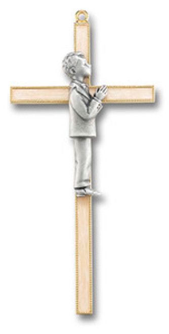Pearlized Cross with Pewter Communion Boy 7"
