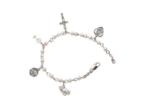 First Communion Charm Bracelet with Faux Pearl Beads and Silver Plate Charms