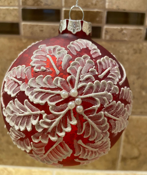 Red Glass with White Painted Flower Ornament Red Glass with White Painted Flower Ornament