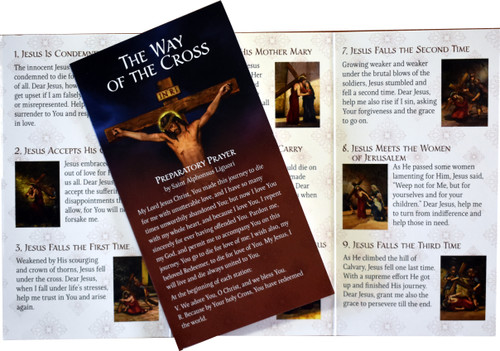 The Way of the Cross Tri-Fold Leaflet showing an open leaflet with the closed leaflet on top.