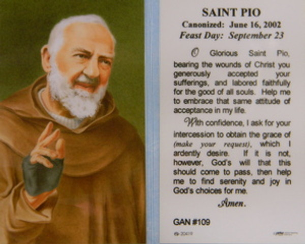 St Pio of Pietrelcina Laminated Holy Card