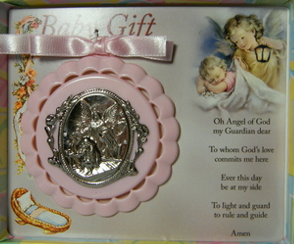 Guardian Angel Pink Crib Medal in Box