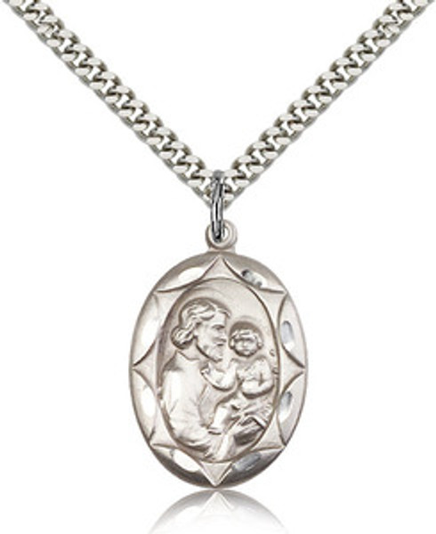 St Joseph Sterling Silver medal on a 24" stainless heavy curb chain