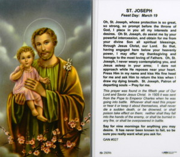 St Joseph Novena Prayer Laminated Holy Card