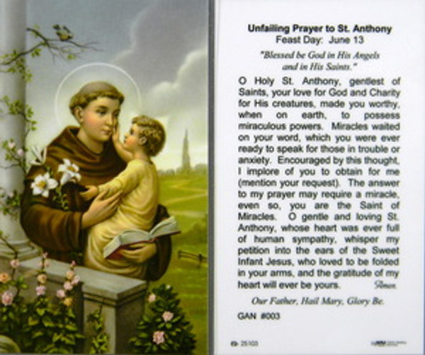 Unfailing Prayer to St Anthony Laminated Holy Card