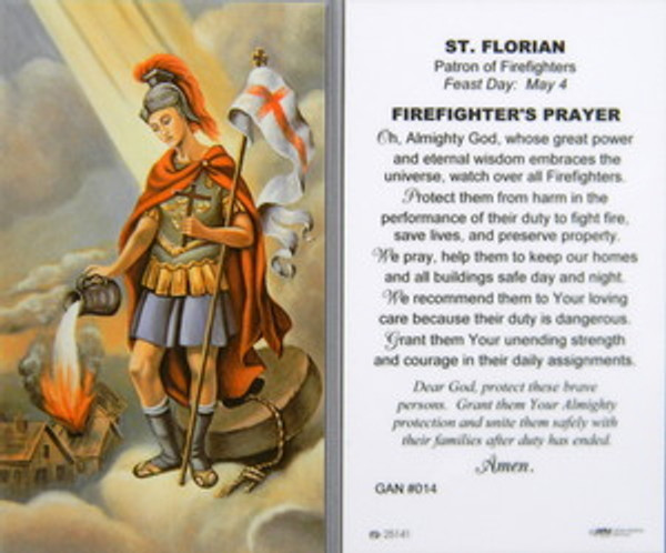 Saint Florian, Patron saint of Firefighters
Laminated Holy Card