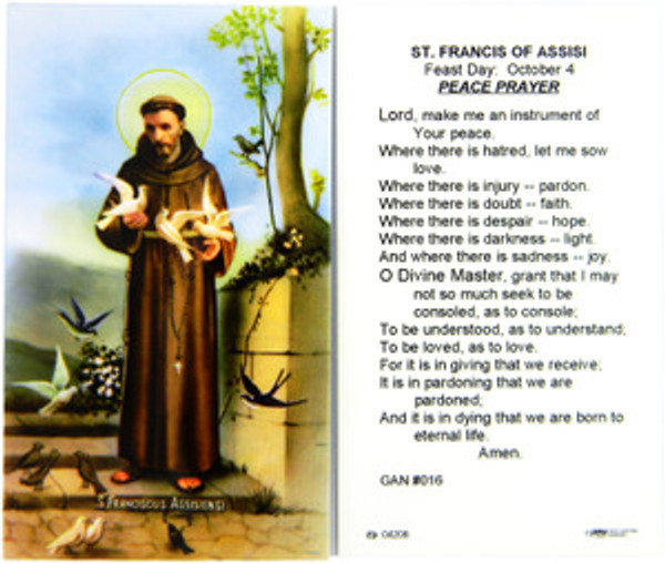 St Francis of Assisi Peace Prayer Laminated Holy Card
