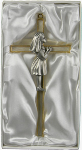 Pearlized Cross with Pewter Communion Girl 7"