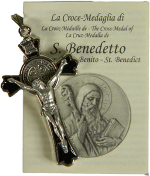 St Benedict 2" Black Enamel Crucifix Pendant with Card