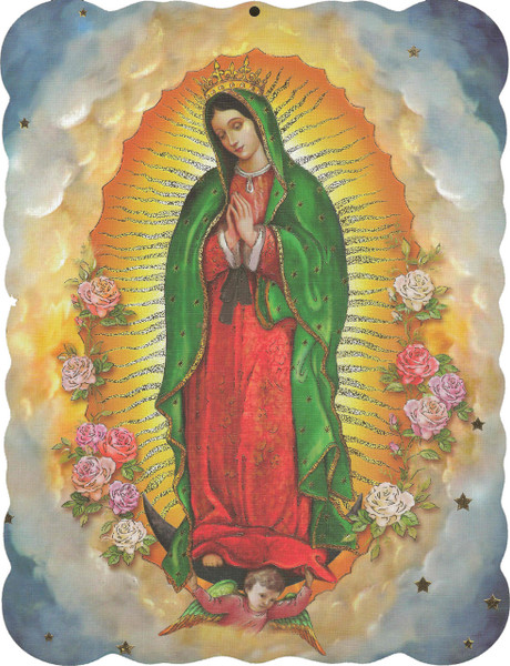 Our Lady of Guadalupe With Flowers Wood Plaque