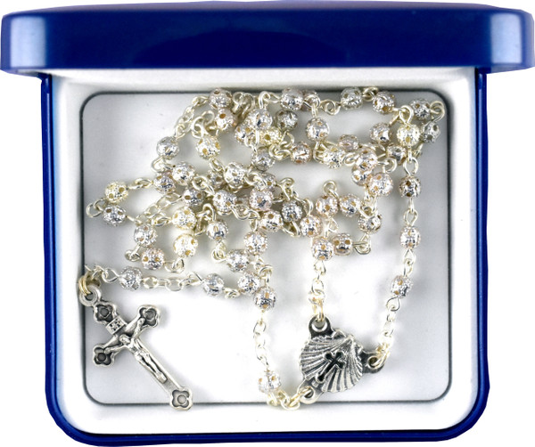 Filigree Baptism Rosary in Blue Rosary Box