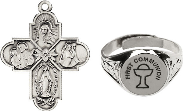 First Communion Silver Plate Four-Way Medal and First Communion Ring Set