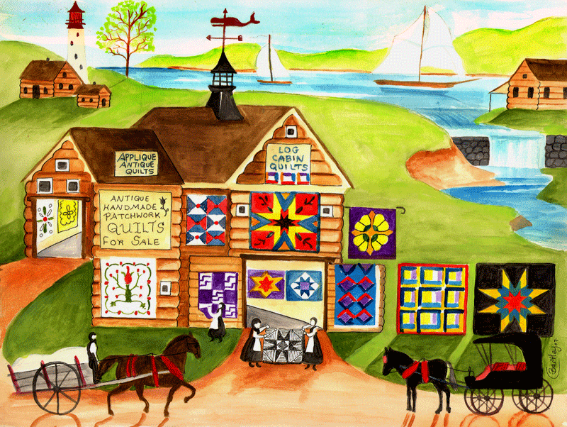 Log Cabin Antique Quilts and Sampler Folk Art Print - Folk Art Paintings by  Cheryl Bartley