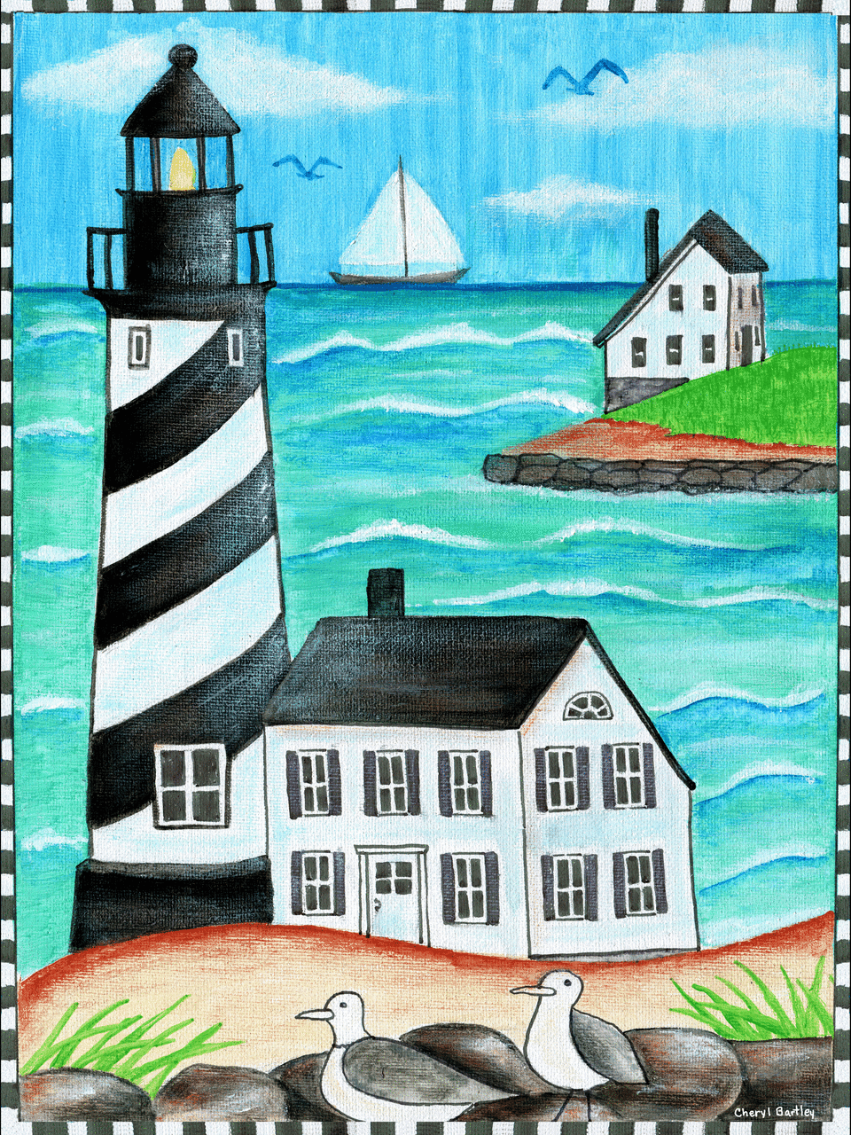 Lighthouse Ocean Folk Art Painting Seagulls Beach Boats Original