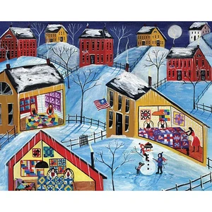 Winter Moon Quilter Village Folk Art Print 12 x 16
