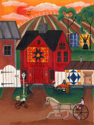 PRIMITIVE SULKY HORSE RIDER SUNRISE FOLK ART PRINT