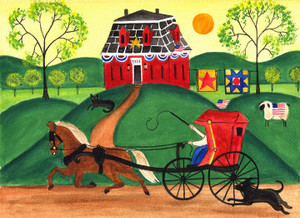 PRIMITIVE HORSE and BUGGY QUILT HOUSE FOLK ART PRINT