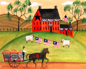 PRIMITIVE AMERICANA SHEEP HORSE WAGON FOLK ART PRINT 8x10