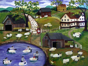 WASHING SHEEP FOLK ART COUNTRY SHEEP FARM