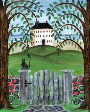 OCEAN HOUSE with CAT UNDER WILLOW TREES FOLK ART PRINT 8x10