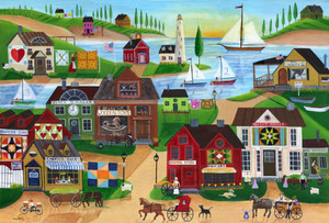 Seaside Village with Toy Maker and Sail Boats Huge Folk Art Painting
