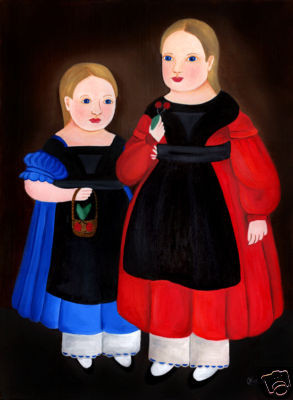 PRIMITIVE FOLK ART PAINTING LARGE DOUBLE PORTRAIT GIRLS