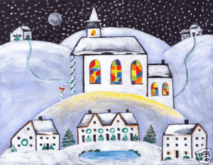 CHRISTMAS EVE CHURCH VILLAGE FOLK ART PAINTING PRINT
