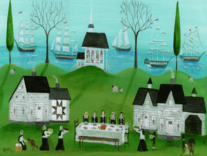 THANKSGIVING PILGRIM TURKY DAY by OCEAN TALL SHIPS Folk Art Print 11x14