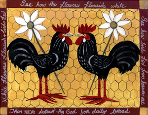 TWO ROOSTERS FOLK ART PRINT