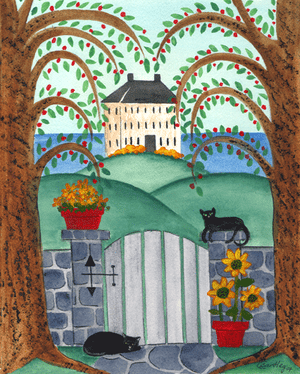 Two Black Cats by White House Under Willow Tree Print