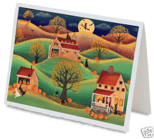 HALLOWEEN WITCH MOON GREETING CARD FOLK ART HANDMADE