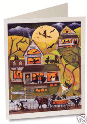 HALLOWEEN SALEM WITCH GREETING CARD FOLK ART HANDMADE